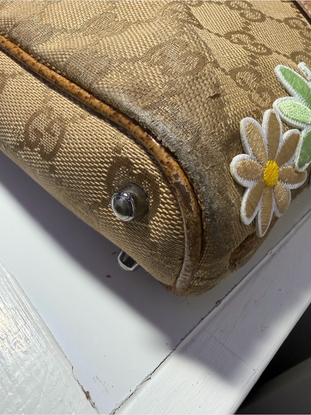 Gucci Beige Brown GG Canvas with aftermarket Floral Appliqué Shoulder Bag w COA - Picture 12 of 16